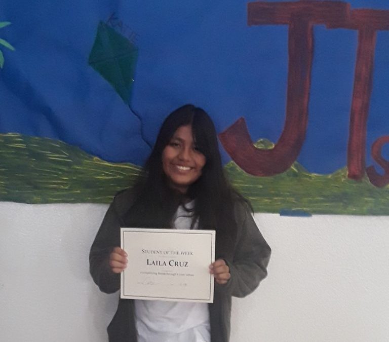 Laila Cruz, 8th Grader, is Recognized with a Student of the Week Certificate